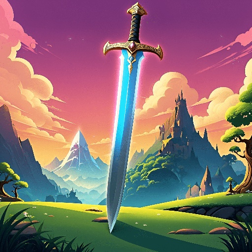 cartoon illustration of a sword in a field with a mountain in the background