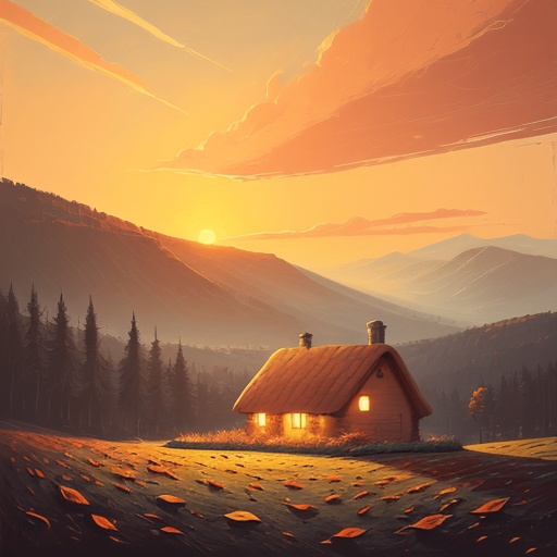painting of a house in the mountains with a sunset in the background
