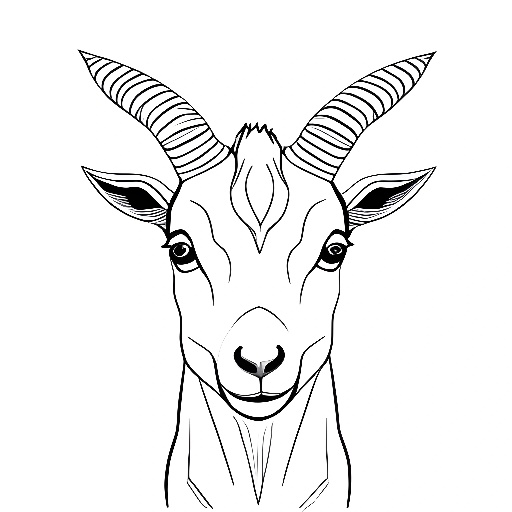 a black and white drawing of a goat with horns