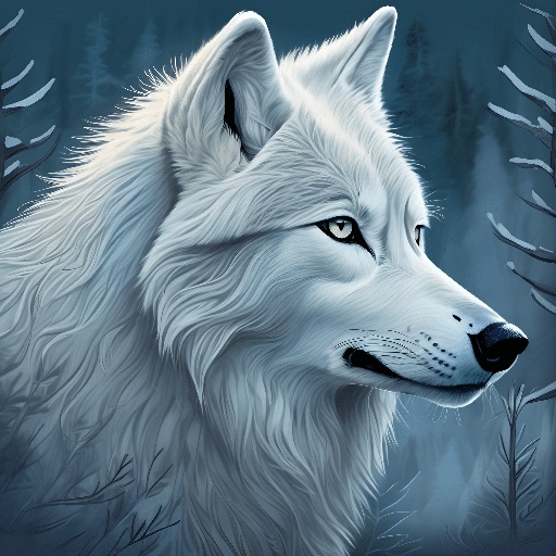 painting of a white wolf in a forest with trees in the background