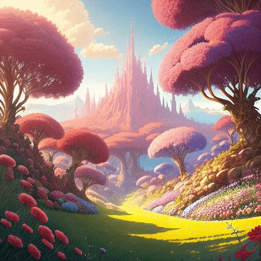 a painting of a fantasy forest with a castle in the background