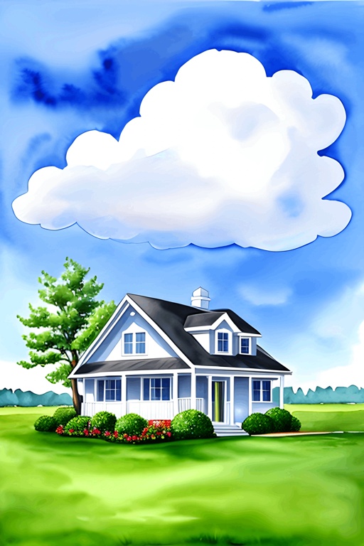 painting of a house in a field with a tree and clouds