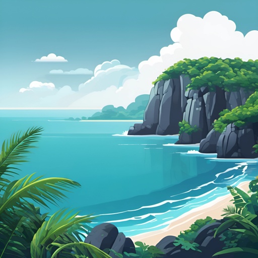 a cartoon of a tropical beach with a cliff