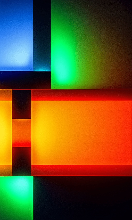 brightly lit squares of colored light in a dark room