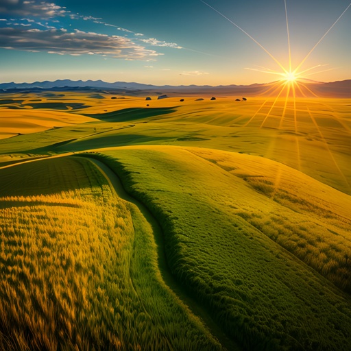 view of a field of grass with the sun setting