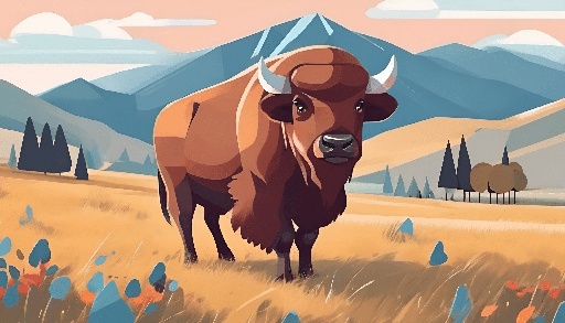 a bison standing in a field with mountains in the background