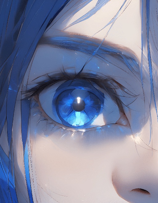 anime - style image of a woman's blue eyes with a blue background