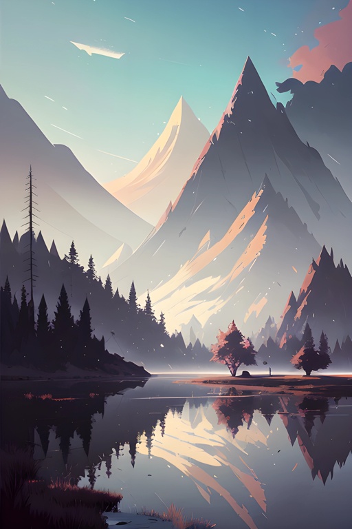 mountains and trees are reflected in a lake in a painting