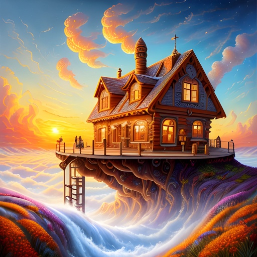 painting of a house on a cliff with a waterfall in the foreground
