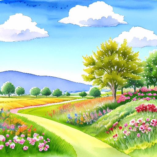 painting of a beautiful country landscape with a path and flowers