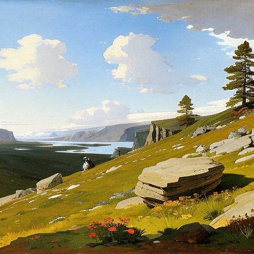 painting of a man sitting on a rock overlooking a lake