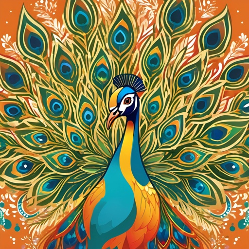 peacock with colorful feathers on orange background with floral design