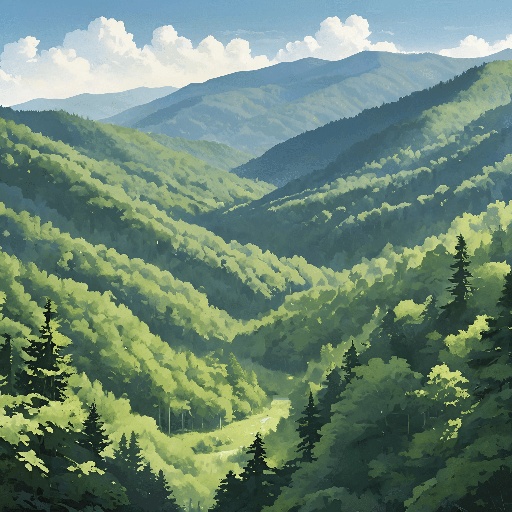 a painting of a mountain scene with a valley in the background