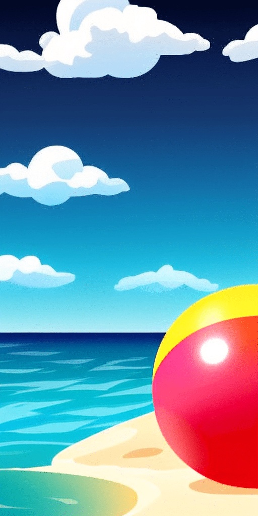 illustration of a beach ball on the sand near the ocean
