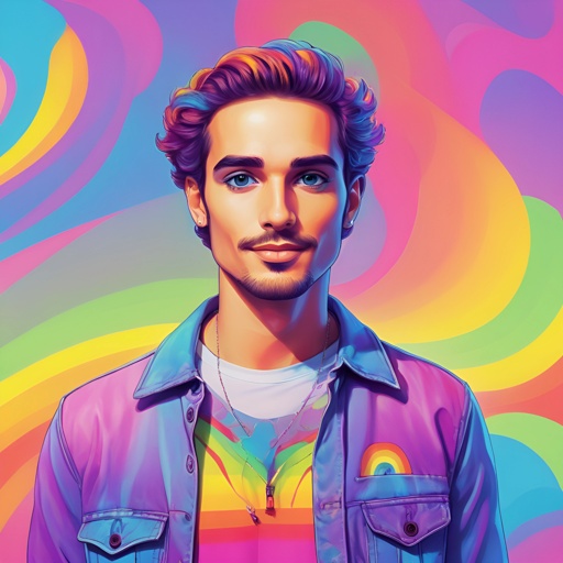 image of a man with a rainbow colored shirt and a rainbow colored background