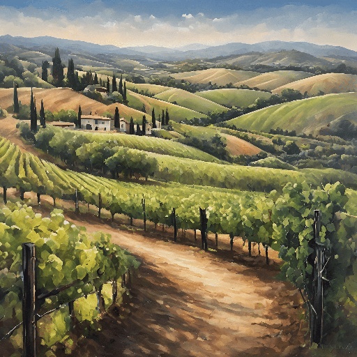 painting of a vineyard scene with a road and a house
