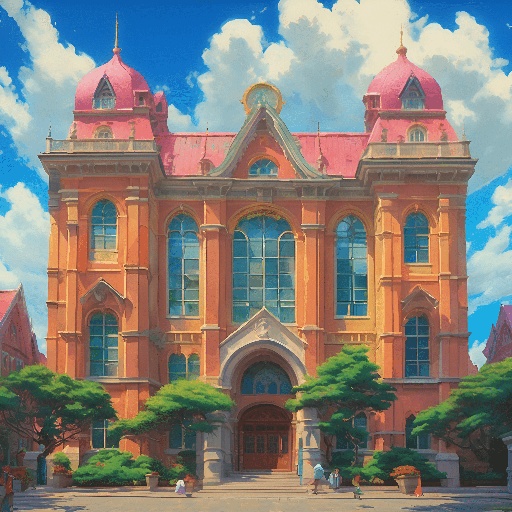 anime - style painting of a large building with a red roof