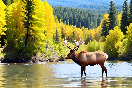 a deer that is standing in the water by the trees