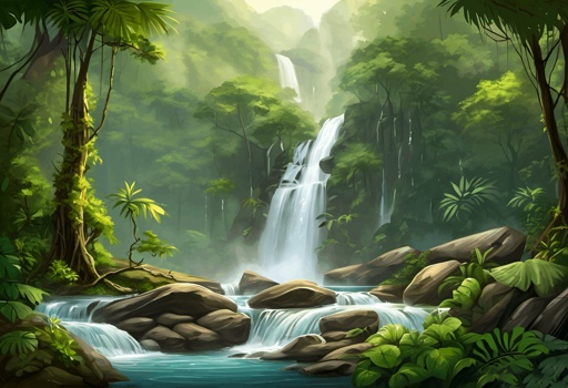 painting of a waterfall in a tropical jungle with rocks and trees