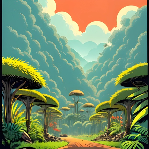 a poster of a road in the middle of a jungle