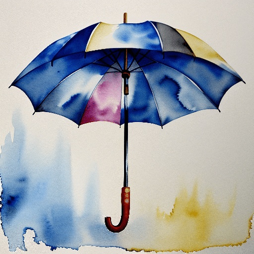 a painting of a blue and yellow umbrella with a red handle