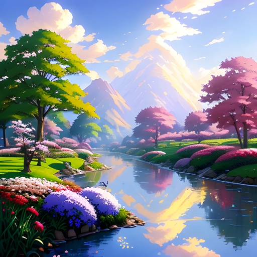 a painting of a beautiful landscape with a river