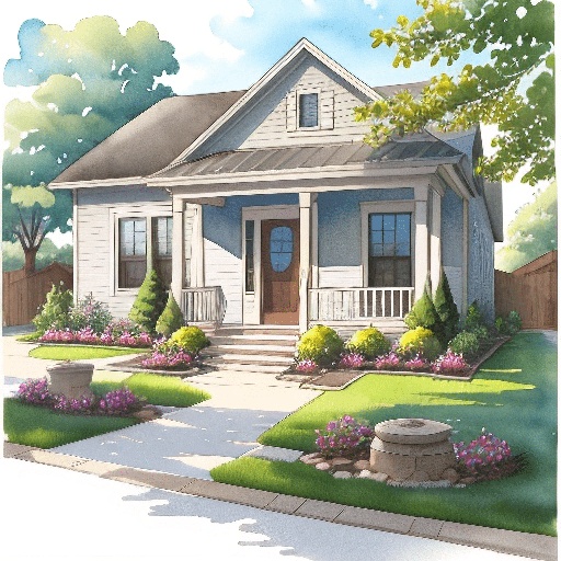 a painting of a house with a front porch and a front yard