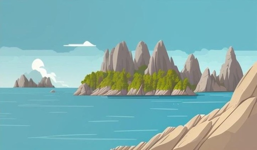 a cartoon of a rocky island with a boat in the water