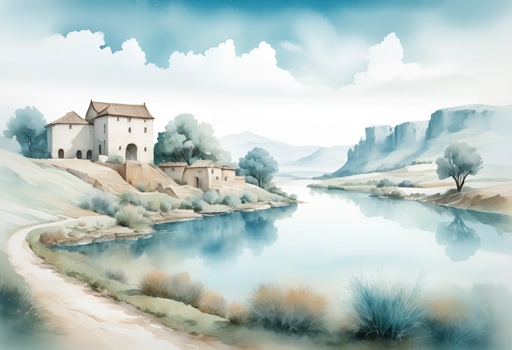 painting of a river with a house and a mountain in the background