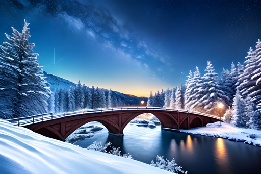 snowy landscape with a bridge and a river in the foreground
