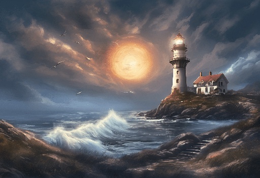 painting of a lighthouse on a rocky shore with a full moon in the background
