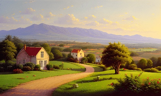 painting of a country road leading to a house in a valley