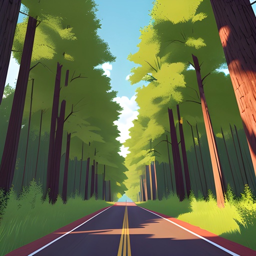 a cartoon picture of a road in the woods