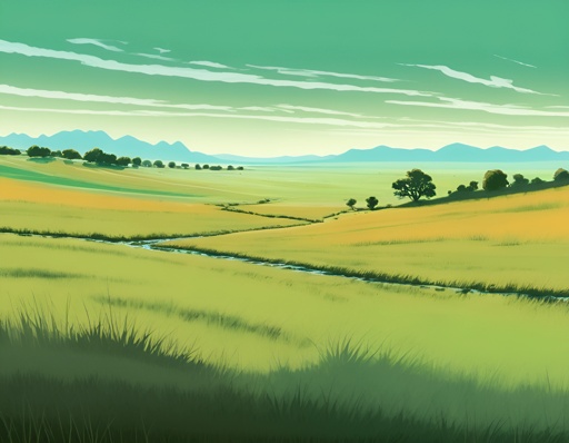 a painting of a green field with a stream running through it