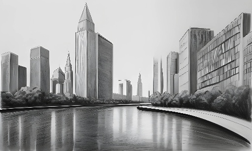drawing of a city skyline with a river and a bridge
