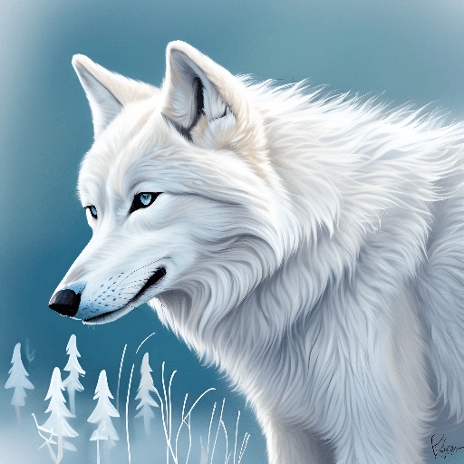 painting of a white wolf with blue eyes standing in the snow