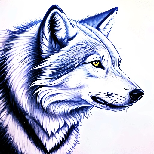 drawing of a wolf with blue eyes and a white background