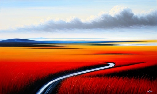 painting of a road in a field with a sky background