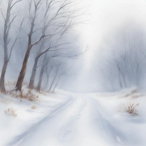 a painting of a snowy road with trees in the background