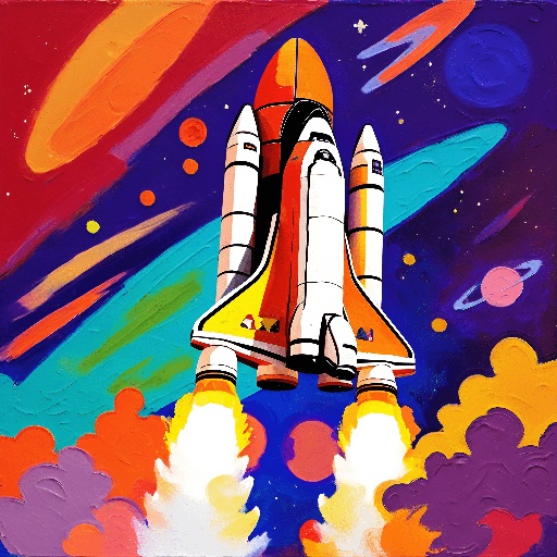 painting of a space shuttle taking off from a colorful space station