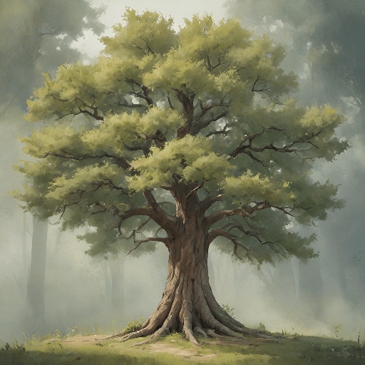 painting of a tree with a large trunk in a grassy area