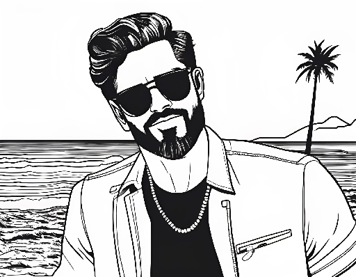 a man with a beard and sunglasses standing on the beach