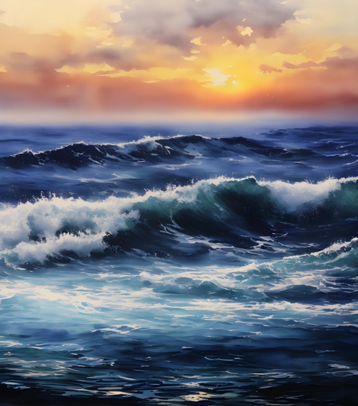 painting of a sunset over a body of water with waves