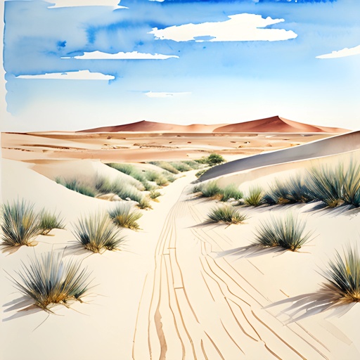 painting of a dirt road in the desert with a blue sky