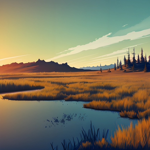 a painting of a sunset over a marsh with trees