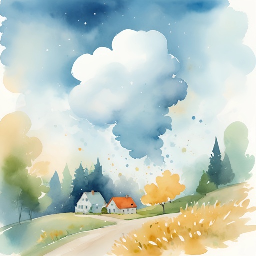 a painting of a house on a hill with a sky background
