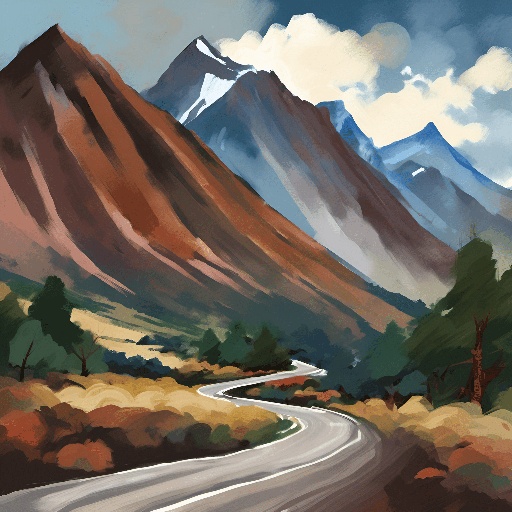 painting of a road going through a mountainous area with mountains in the background