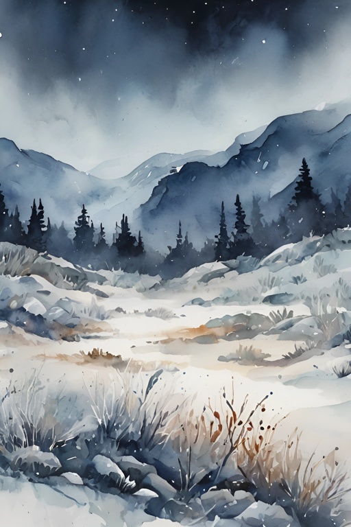 a painting of a snowy landscape with trees and snow