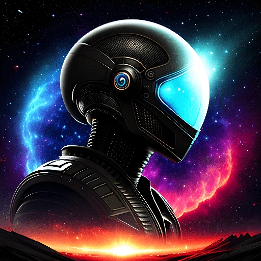 futuristic man in helmet with glowing eyes in front of a planet