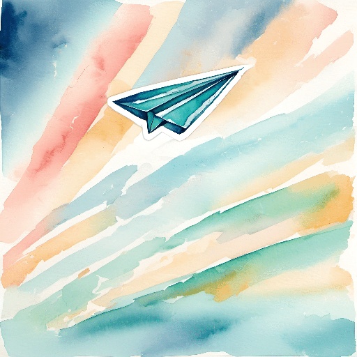 a watercolor painting of a paper airplane flying in the sky
